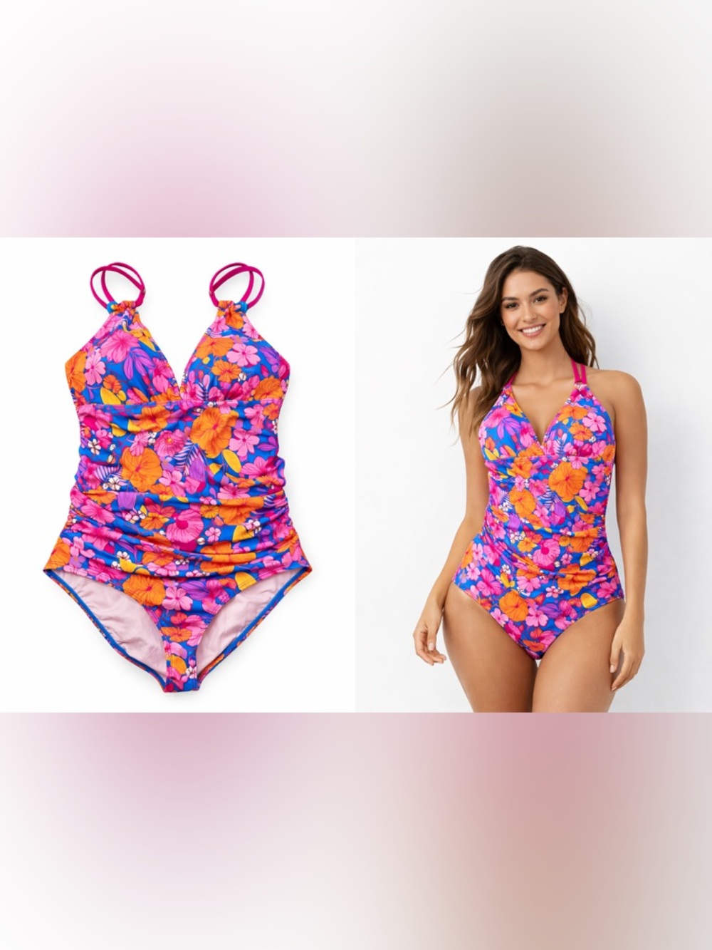 Cupshe Fuchsia Floral Halter One-Piece Swimsuit with Orange Accents